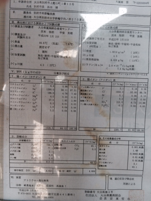 地獄蒸し工房温泉分析書