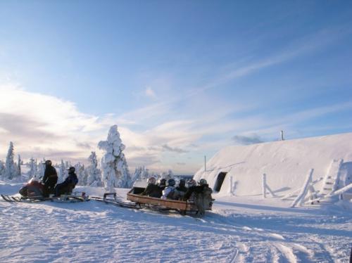 好天のもとスノーモービルはゆく