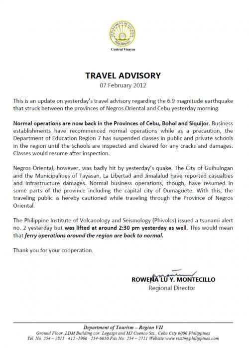 ネグロス島沖で発生した地震の影響について