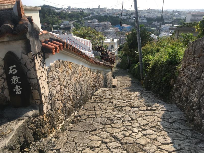 タイムスリップしたかのような気分になる、美しい石畳の道と周囲の石垣