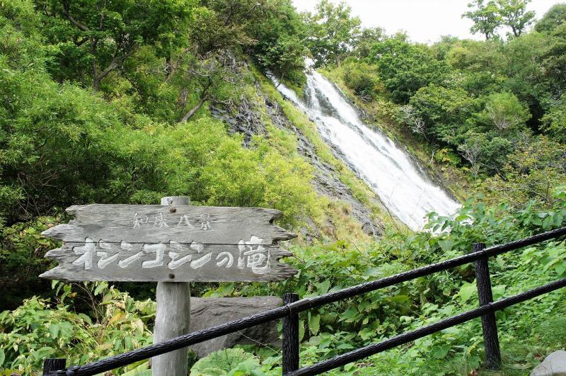 階段中腹にある看板とオシンコシンの滝