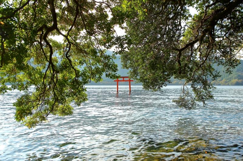 社殿に向かって、湖に立つ鳥居