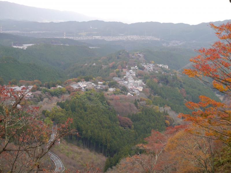 尾根に沿って、神社仏閣や店、住宅が並ぶ吉野山