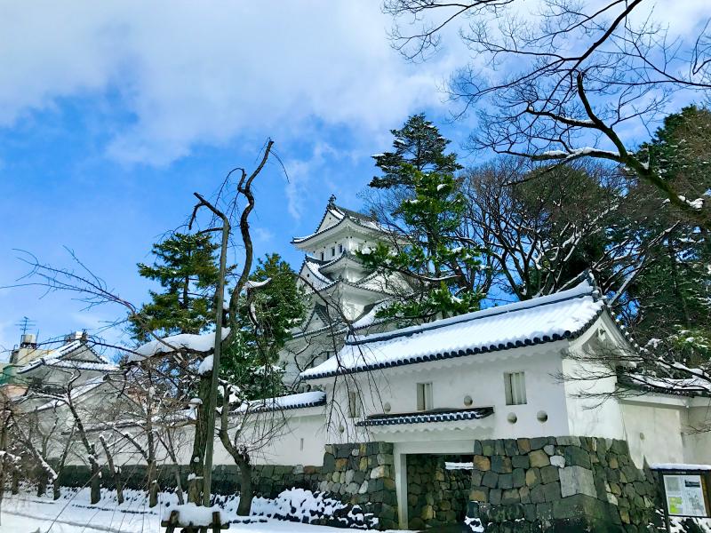 雪化粧した西門と大垣城もなかなか美しいです