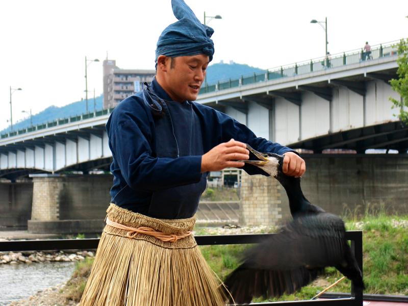 観覧船乗り場での鵜匠による鵜飼説明を受けると「鵜飼」を数倍楽しめます